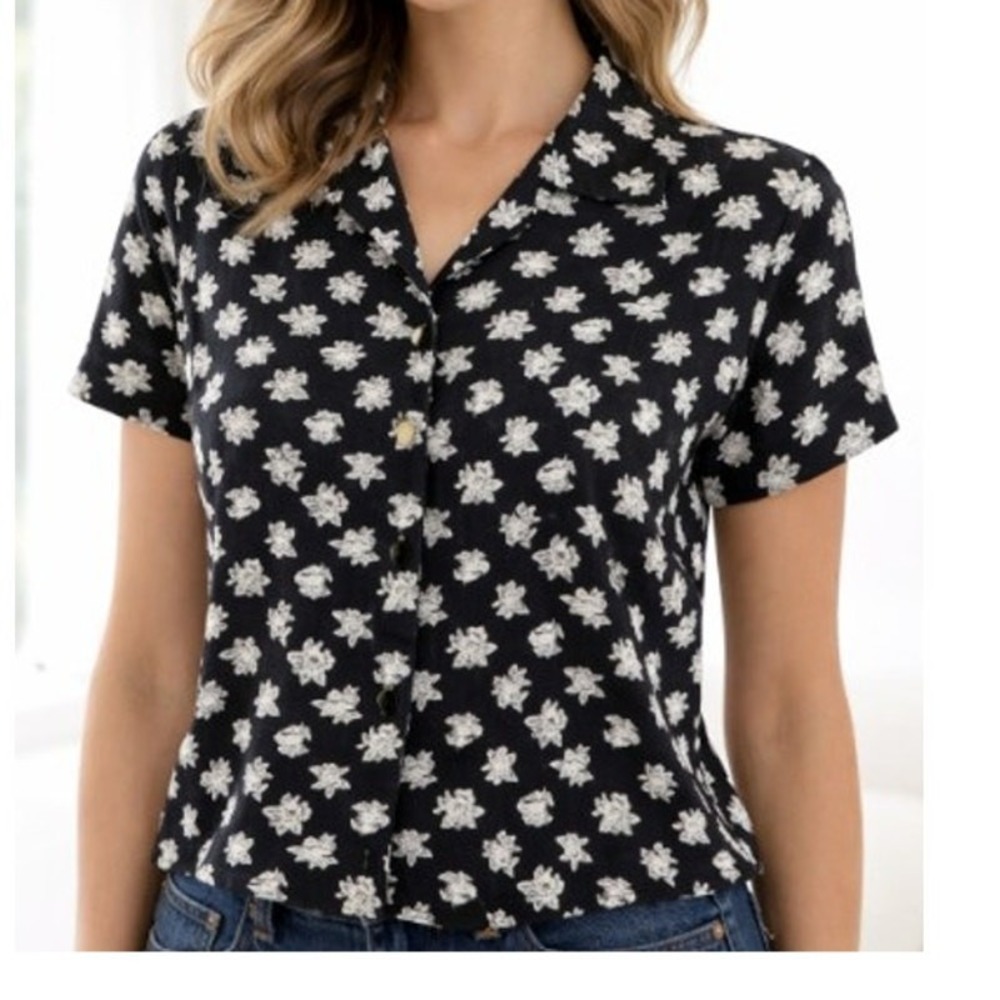 Vintage Christian Dior Separates Blouse Women 10 Black White Floral Modest Retro - Picture 1 of 12